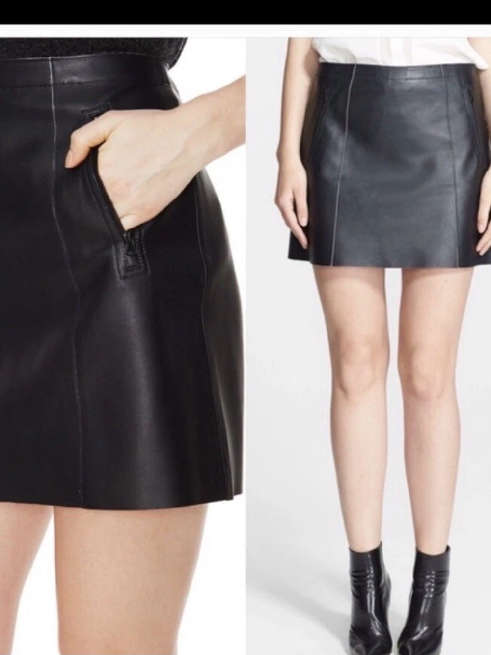 Vince Bitone Leather Miniskirt in black with contrast white trim detailing